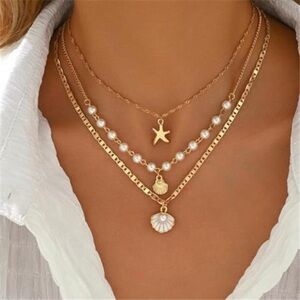 Seashell Necklace 18k Gold Plated Beach necklace Layered Pearl Starfish New